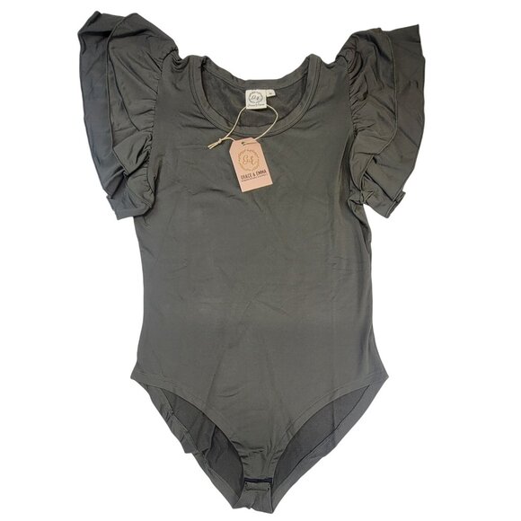Grace & Emma Bodysuit With Ruffle Sleeves Olive Snap Closure Womens Size M New - Picture 1 of 10
